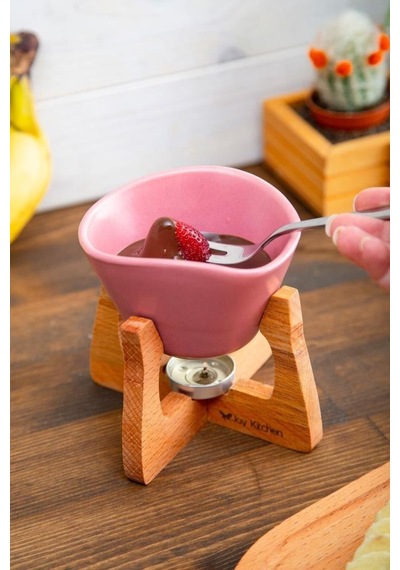 Pembe Ahşap Fondü Seti Renkli Seramik Kaseli Ahşap Standlı Fondü Seti Pembe