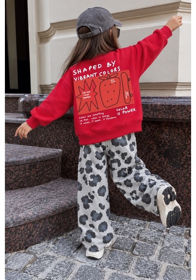 Monila Kız Çocuk Kırmızı Baskılı Pamuklu Sweatshirt Ve Gri Leopar Baskılı Eşofman Alt Üst Takım