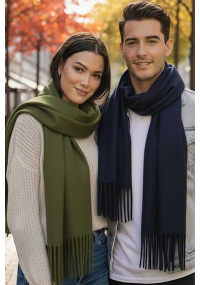 Tezzgelsin Unisex Yumuşak Dokulu Püsküllü Kışlık Buklet Atkı Şal 2'li Set Yeşil - Lacivert
