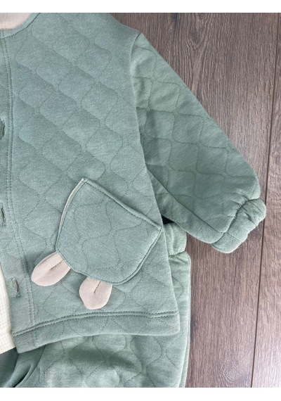 Bebicix Cep Detaylı Omuzdan Çıtçıtlı Kapitone 3'lü Erkek Bebek Takım Yesil