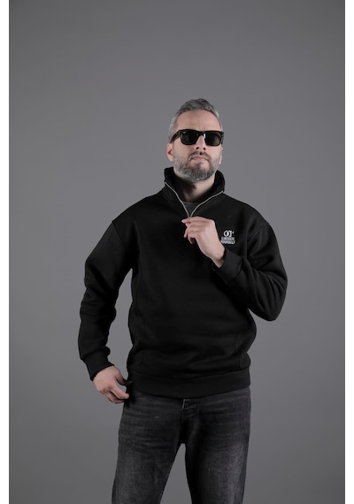 Dik Yakalı Parçalı Erkek Sweatshirt Siyah