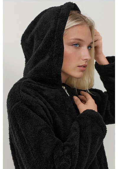 Hiccup Fermuarlı Kapüşonlu Peluş Ceket Siyah