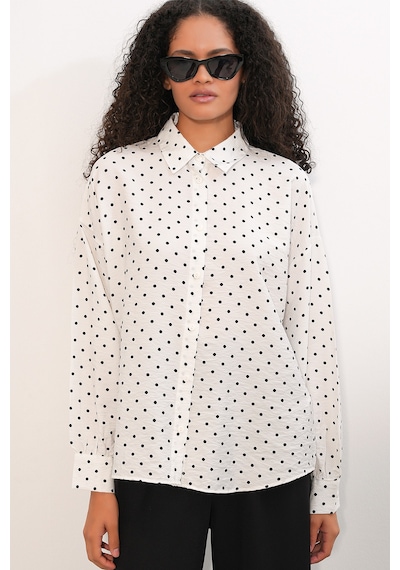 Bigdart Kadın Oversize Puantiyeli Gömlek 20392 - Beyaz