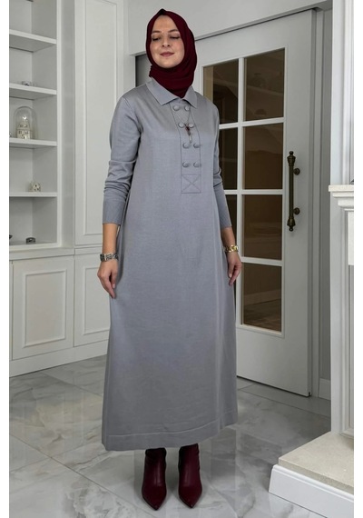 Rabia Şamlı Laçin Triko Elbise Gri Normal