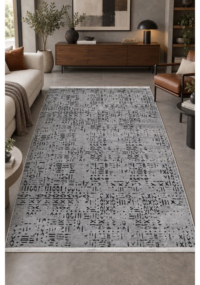 Kontur Antrasit Siyah Özel Ölçü Kaydırmaz Robot Süpürge Uyumlu Kolay Temizlenebilir Micro Şönil Pamuk Polyester Halı