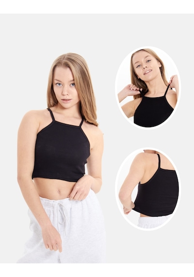 Alya Underwear Kaşkorse Dar Yaka Askılı Crop Siyah