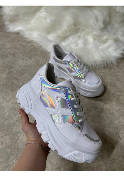 Günlük Kadın Sneaker Kalın Yüksek Taban Bağcıklı Rahat Tiger Şeritli Spor Ayakkabı 032 15 - Beyaz Rugan Holo