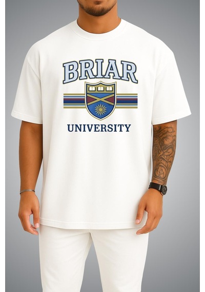 Bahriyeli Collection Oversize Off Campus Briar University Göğüs Baskılı Beyaz Unisex T-shirt