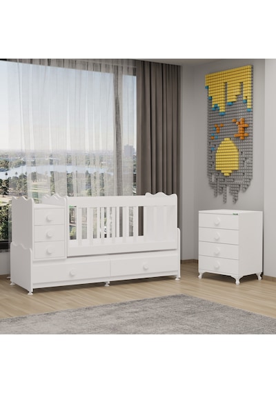 Garaj Home Melina Uzayan Mdf Çıtalı Beşik Ve Şifonyer - Beyaz Beyaz