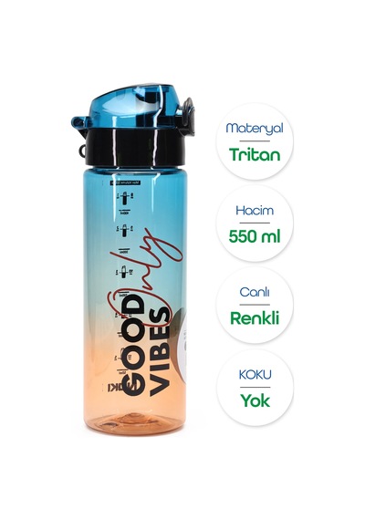 Su Matarası Tritan Geniş Ağız Su Şişesi Good Vibes Spor Matarası Suluğu Bpasız 550 Ml Mavi 0100