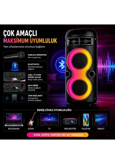 Büyük Boy Şarjlı Rgb Işıklı Hoparlör, 2 Adet 4 Inch Bass Destekli 360 Stereo 3600 Mah Şarjlı Bluetooth Tws U