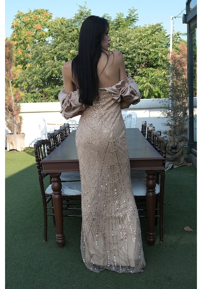 Feminist Gold Üzeri Taş Boncuk İşlemeli Balon Kol Abiye 9705417.122 Gold