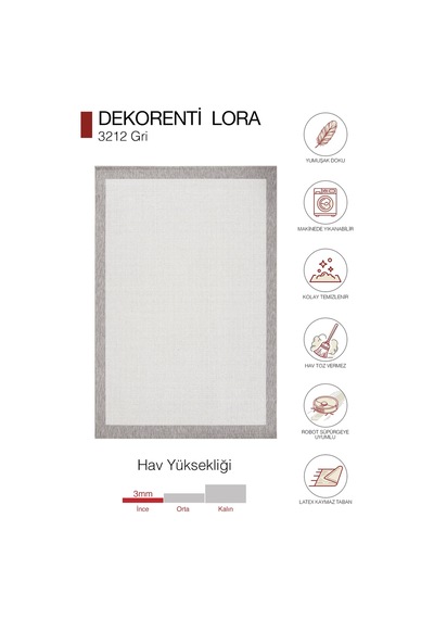 Hoom Rugs Lora 3212 Gri Çerçeveli Çizgili Pamuk Taban Hav Toz Vermez Sisal Halı
