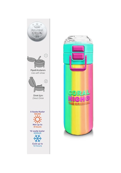 Coral High Kids Renkli Çizgili Desenli Pipetli Ve Direkt İçim Çelik Termos 500 Ml 31873 Çok Renkli