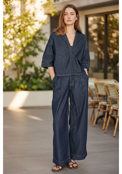 Stilkusagi Kadın Truvakar Kol Denim Gömlek Pileli Jean Pantolon İkili Takım Lacivert