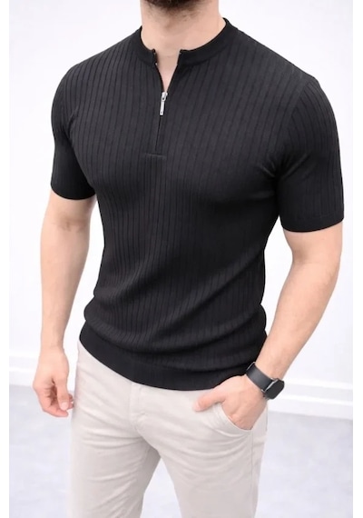 Erkek Kısa Kol Fitilli Triko T-shirt Yazlık Hakim Yaka Tişört - Siyah