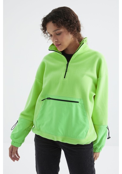 Tommy Life Neon Yeşil Etek Ucu Büzgülü Yarım Fermuarlı Oversize Kadın Polar Sweatshirt - 97238 Neon Yeşil