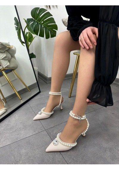 Ervanın Butiği Bej Saten Rival İnci Detay Kadın Stiletto-5279