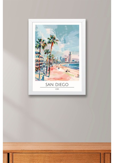 Abd San Diego Temalı Çerçeveli Tablo Travel Serisi Modern İllüstrasyon Sahil Duvar Dekoru Beyaz