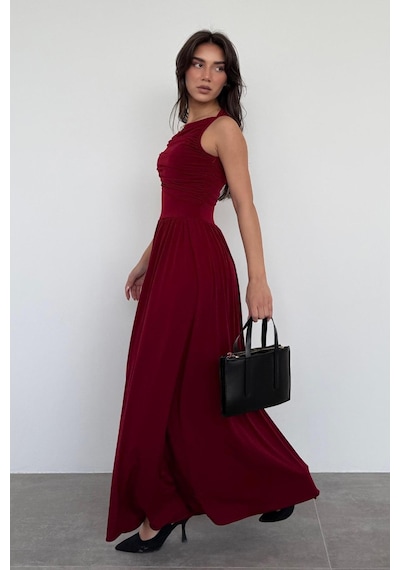 Madmext Bordo Önü Dökümlü Uzun Boy Kadın Elbise Mg2364 Bordo