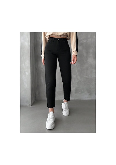 Woddi Likralı Kadın Mom Siyah Fit - Yüksek Belli Rahat Jean Pantolon-4