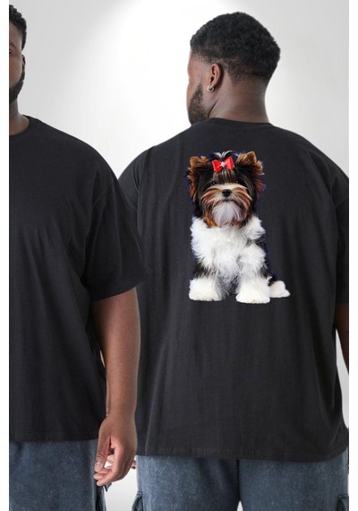 Angemiel Biewer Yorshire Terrier Büyük Beden Siyah Tişört Kadın Erkek Ünisex Sırt Baskılı Siyah