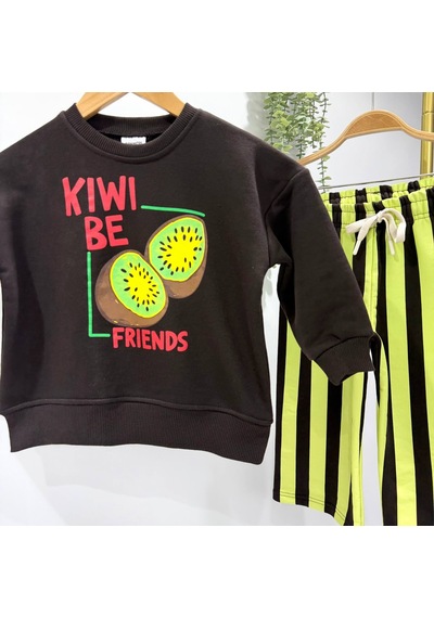 Kiwi Best Friends Baskılı Sweatshirt Ve Çizgili Eşofman Altı Unisex Alt Üst Takım Siyah