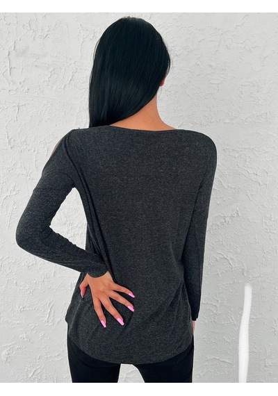 Aqe Fashion Bisiklet Yaka Omuz Dekolteli Inci Motifli Uzun Kol Bluz Antrasit