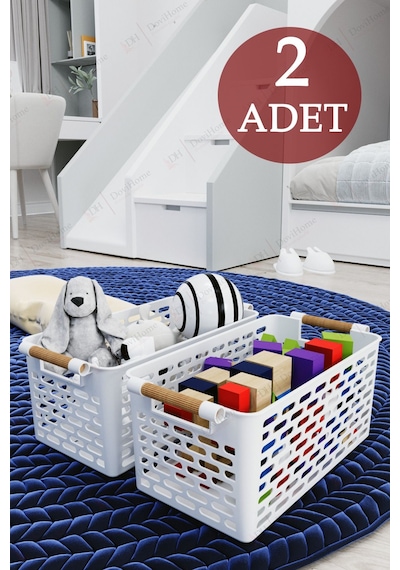 2 Adet Ahşap Saplı Görünüm Beyaz Renk Plastik Mutfak Banyo Eşya Organizer Sepet Düzenleyici Set Beyaz