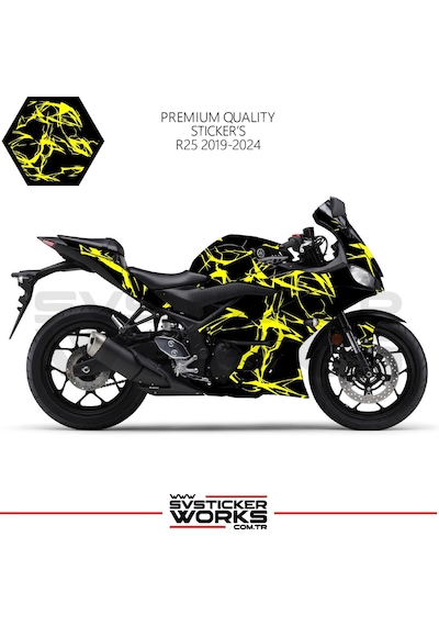 Yamaha R25 2019-2024 Kaplama Sticker Şimşek Yıldırım Motor Kaplama Modeli Hazır Kit 2019 / 2023 Uyumlu Sarı