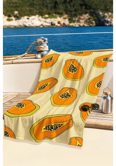 Papaya Meyve Temalı Tropikal Plaj Havlusu - Yaz Stili Krem Turuncu Hızlı Kuruyan Mikrofiber Havlu Çok Renkli