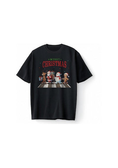 Bumeta Christmas Crossing Santa Geyik Ve Kardan Adam Baskılı Oversize Unisex Tişört T-shirt Siyah