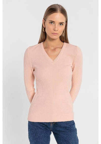 Miss Poem Kadın V Yaka Slim Fit Fitilli Uzun Kışlık Ekru Triko Kazak Pudra