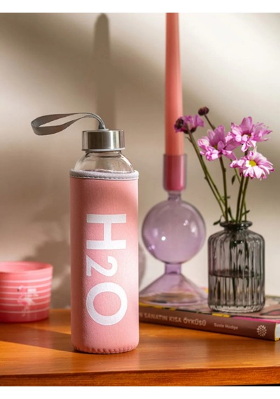 H2o Peluş Kılıflı Cam Matara 600 Ml Pembe