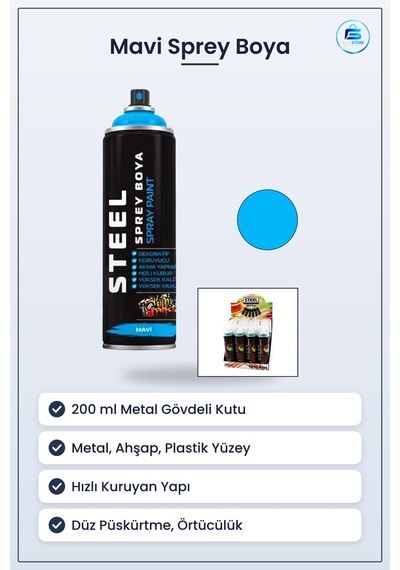 Steel Mavi Sprey Boya 200 Ml Metal Ahşap Plastik Yüzeyler İçin De