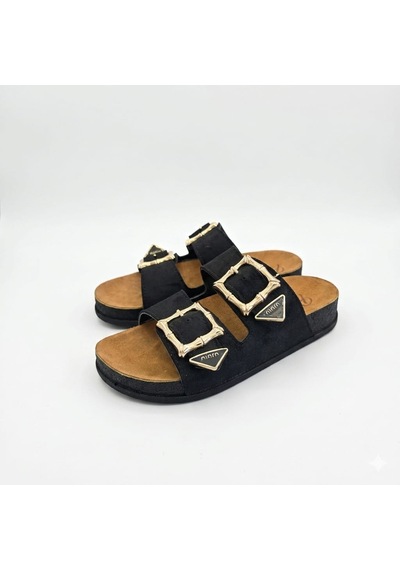 Koray Shoes Piomi Kadın Çift Tokalı Ortopedik Siyah Süet Anatomik Destekli Şık Terlik