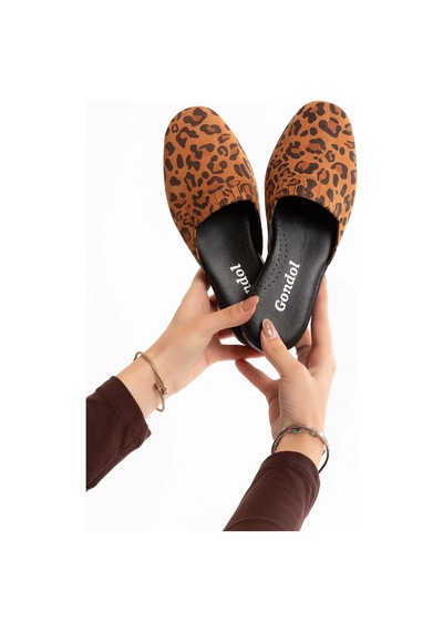 Gondol Kadın İçi Dışı Hakiki Deri Şık Ev Terliği Özl.960 Taba Leopar
