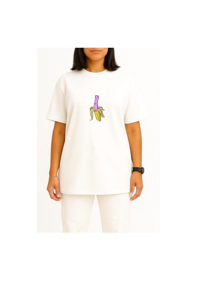 Bahriyeli Collection Oversize Muz Ve Orta Parmak Göğüs Baskılı Unisex T-shirt Beyaz