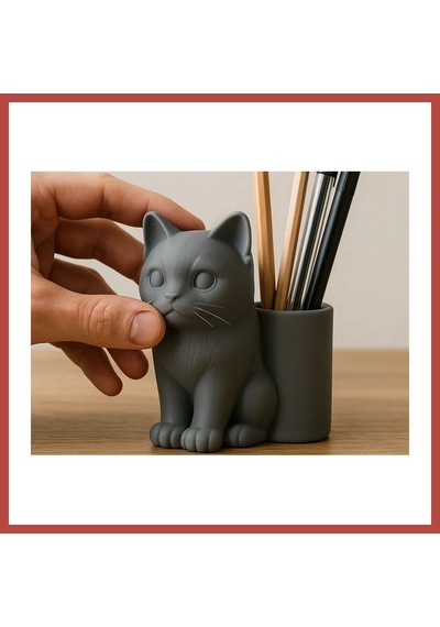 Bezos 3d Baskı Kedi Figürlü Kalemlik - Masaüstü Organizer - Gri Erdotıca