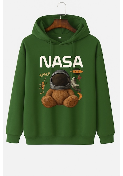Kokina 3 İplik Penye Unisex Nasa Ayıcık Baskılı Kapüşonlu Sweatshirt Yeşil