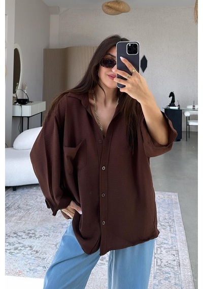 Paw Garage Kadın Flory Ayrobin Oversize Tek Cep Gömlek Kahverengi