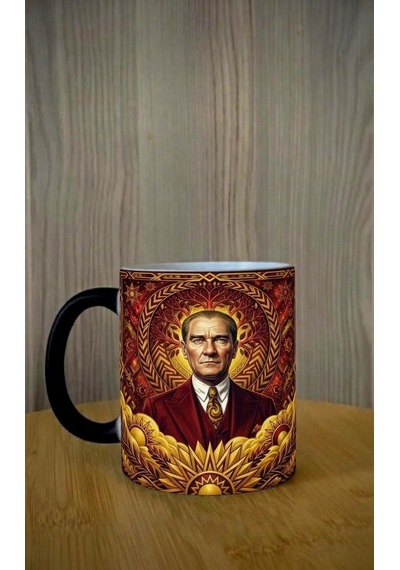 Kişiye Özel Sarı Kırmızı Renk Tasarımlı Atatürk Görsel Temalı Sihirli Kupa Bardak 2 Sarı - Kırmızı