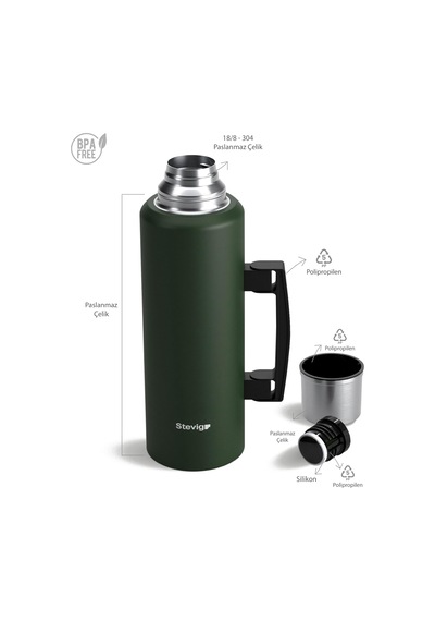 Lexroo 4 Camp Klasik Vakumlu Kulplu Çelik Termos 1.5 Lt. Green St-206 Çok Renkli