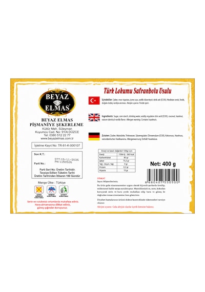 Beyaz Elmas Kare Safranbolu Lokumu 400 Gr - Glikoz Şurubu İçermez - %100 Doğal Şeker Pancarından Üretilmiştir - Fındıklı Türk Lokumu