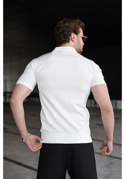 Madmext Beyaz Slim Fit Polo Yaka Triko Erkek Tişört E7472 Beyaz