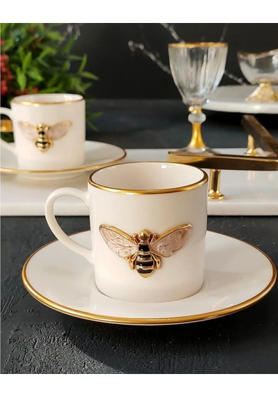 Regna Home Queen Bee 4 Parça 2 Kişilik Yaldızlı Porselen Kahve Fincan Takımı Beyaz