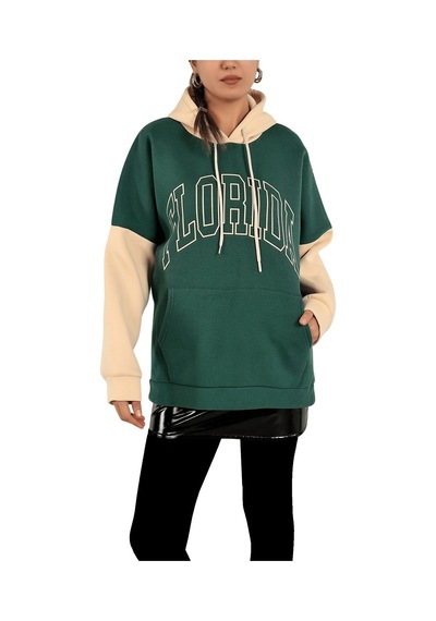 Kadın Sweatshirt Kapüşonlu Baskılı Üç İplik Şardonlu