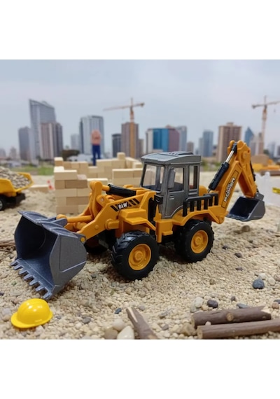 Diecast Oyuncak Metal İnşaat Araçları Çift Taraflı Dozer Kepçe Sürtmeli Kazıcı Ve Yükleyici Kutulu Sarı