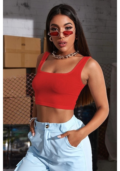Moon Wear Kadın Kırmızı Kalın Askılı Crop Top Büstiyer Kırmızı