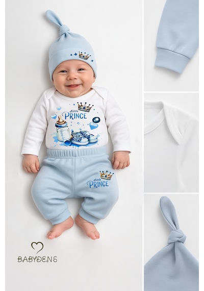 Babyden's Little Prince 3 Lü Erkek Bebek Takımı Uzun Kollu %100 Pamuk Body, Pantolon Ve Şapka Seti Mavi Açık Mavi